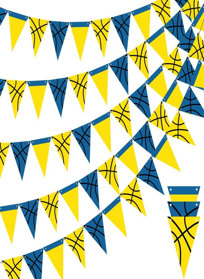 Tosstuki 5 Pcs Basketball Birthday Banners Basketball Themed Party Decorations Sports Triangle Pennant Banners Hanging Garland for Men Sports Lover Birthday Party Supplies(Yellow,Dark Blue) - Image 1